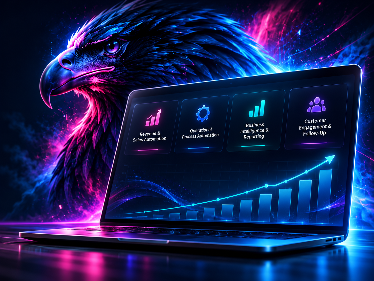 Iron Eagle-inspired eagle illuminated in electric blue and magenta behind an integrated business intelligence display