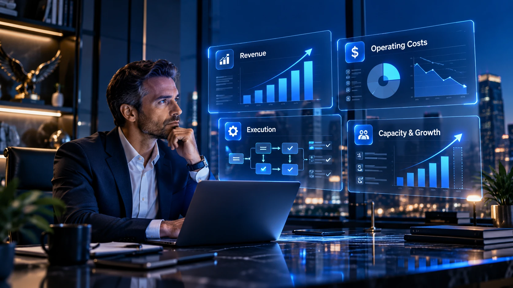 Business executive reviewing revenue, operating costs, execution, and growth opportunities through digital business intelligence dashboards.